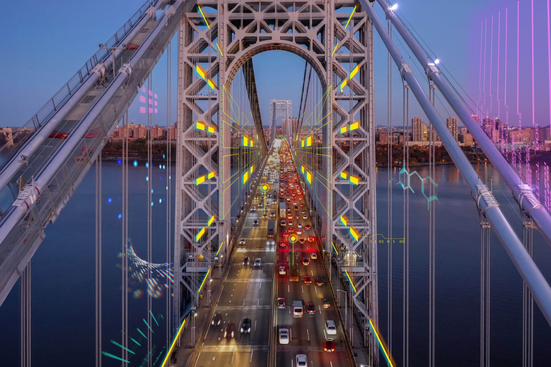 Dusk aerial view of George Washington Bridge with overlay