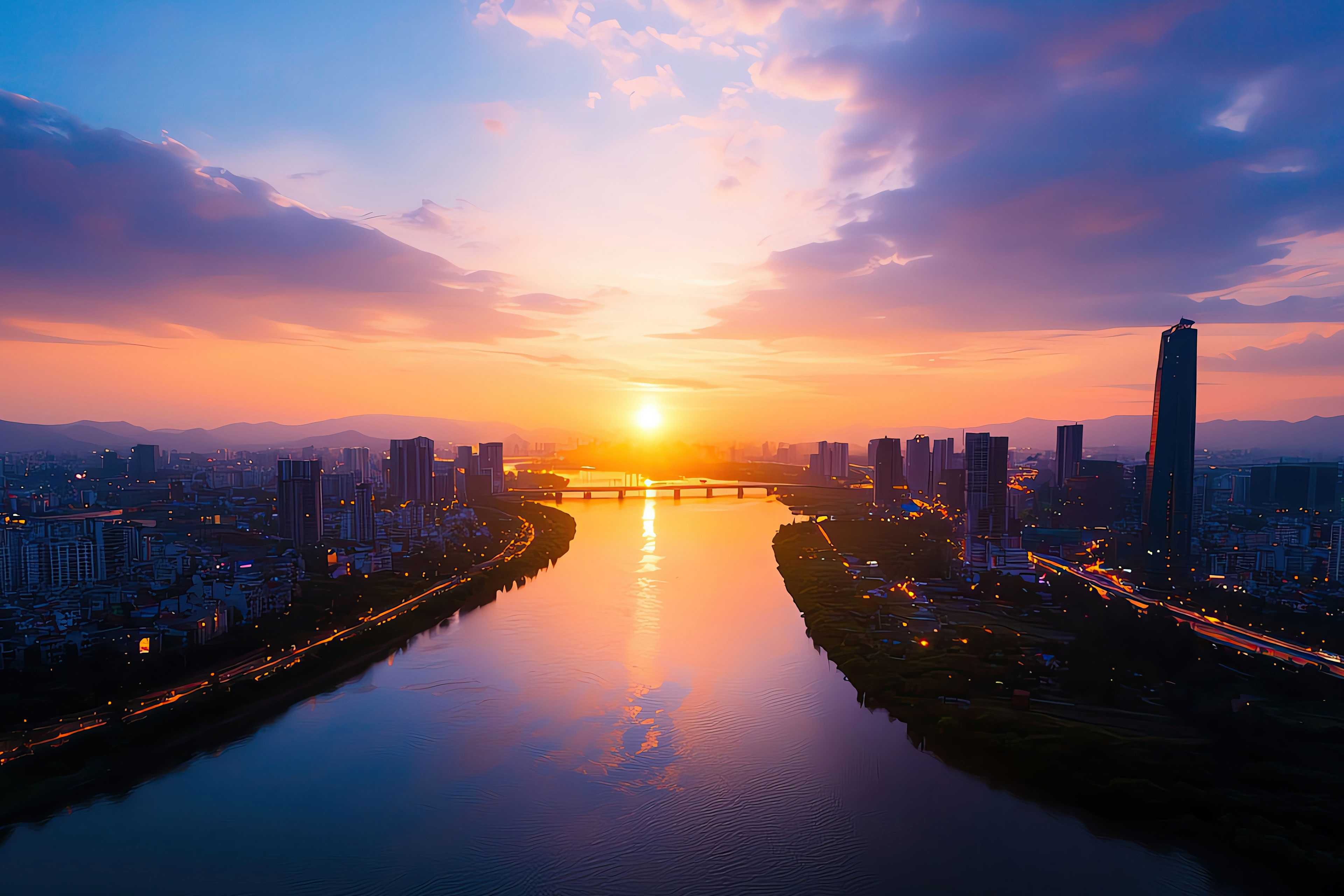 Realistic photo of a city by the river with bridges and waterfront promenades, Landscape Drone view