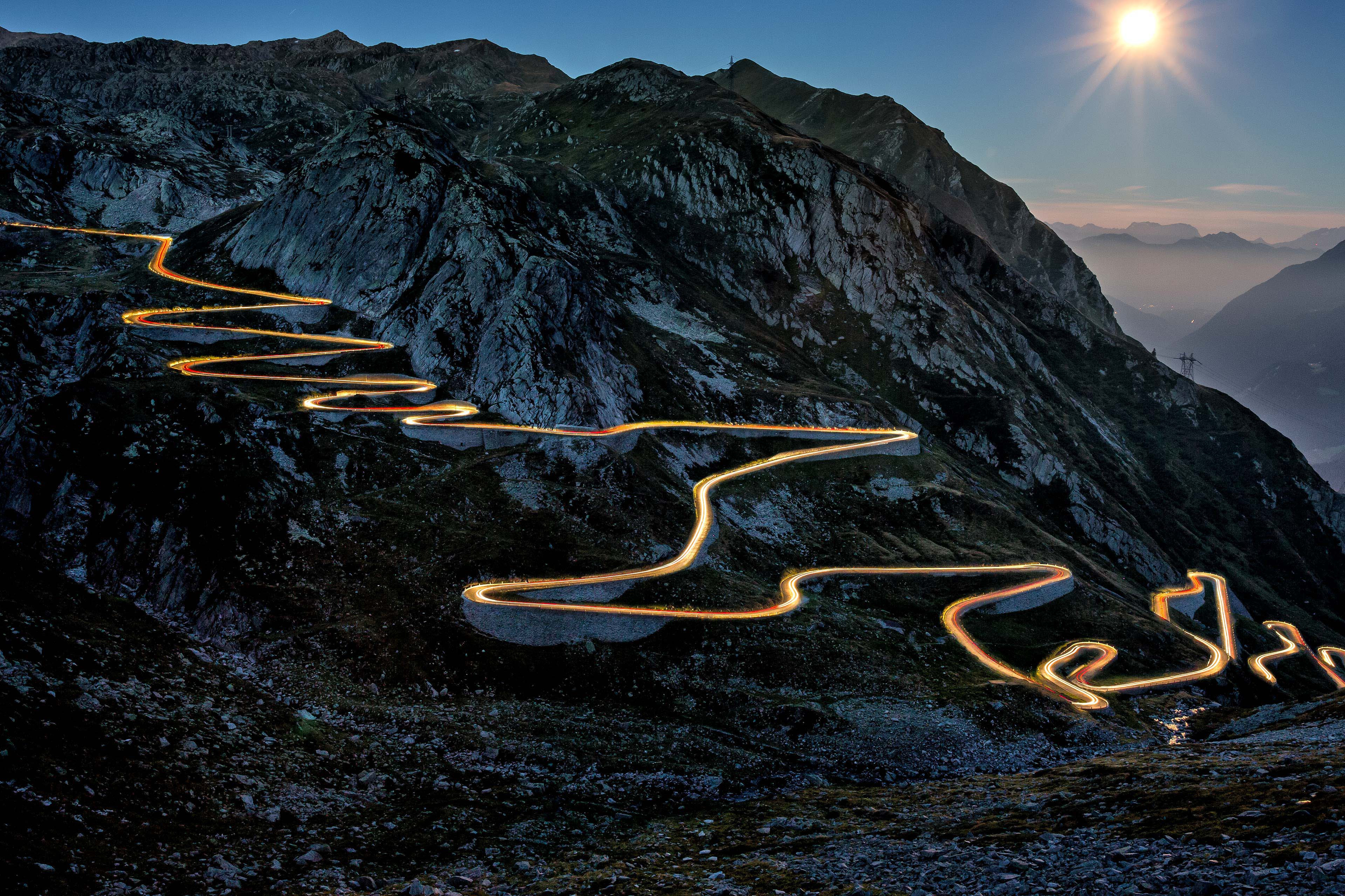 Tremola road at night with traffic lights