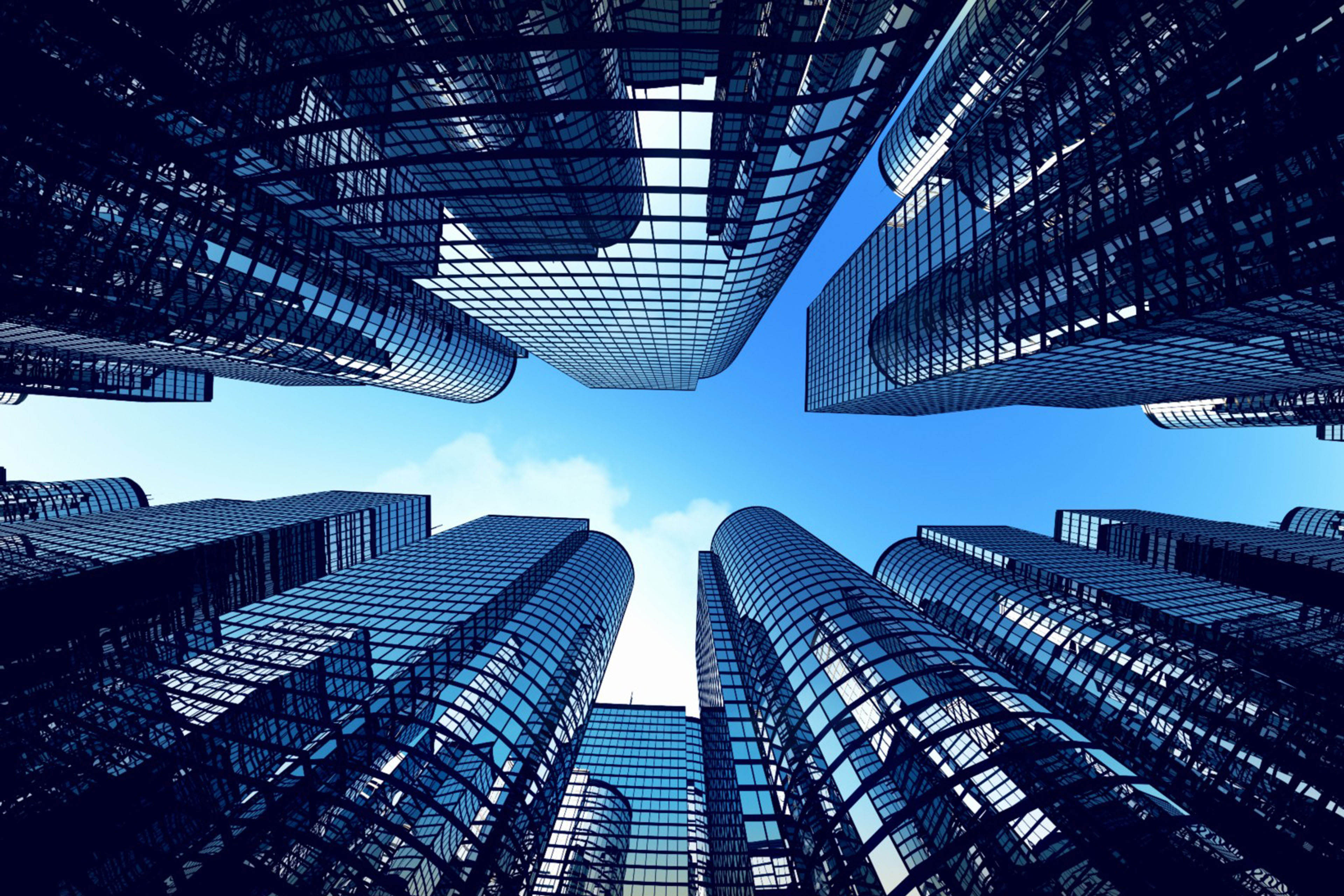 Business towers with fisheye lens effect.