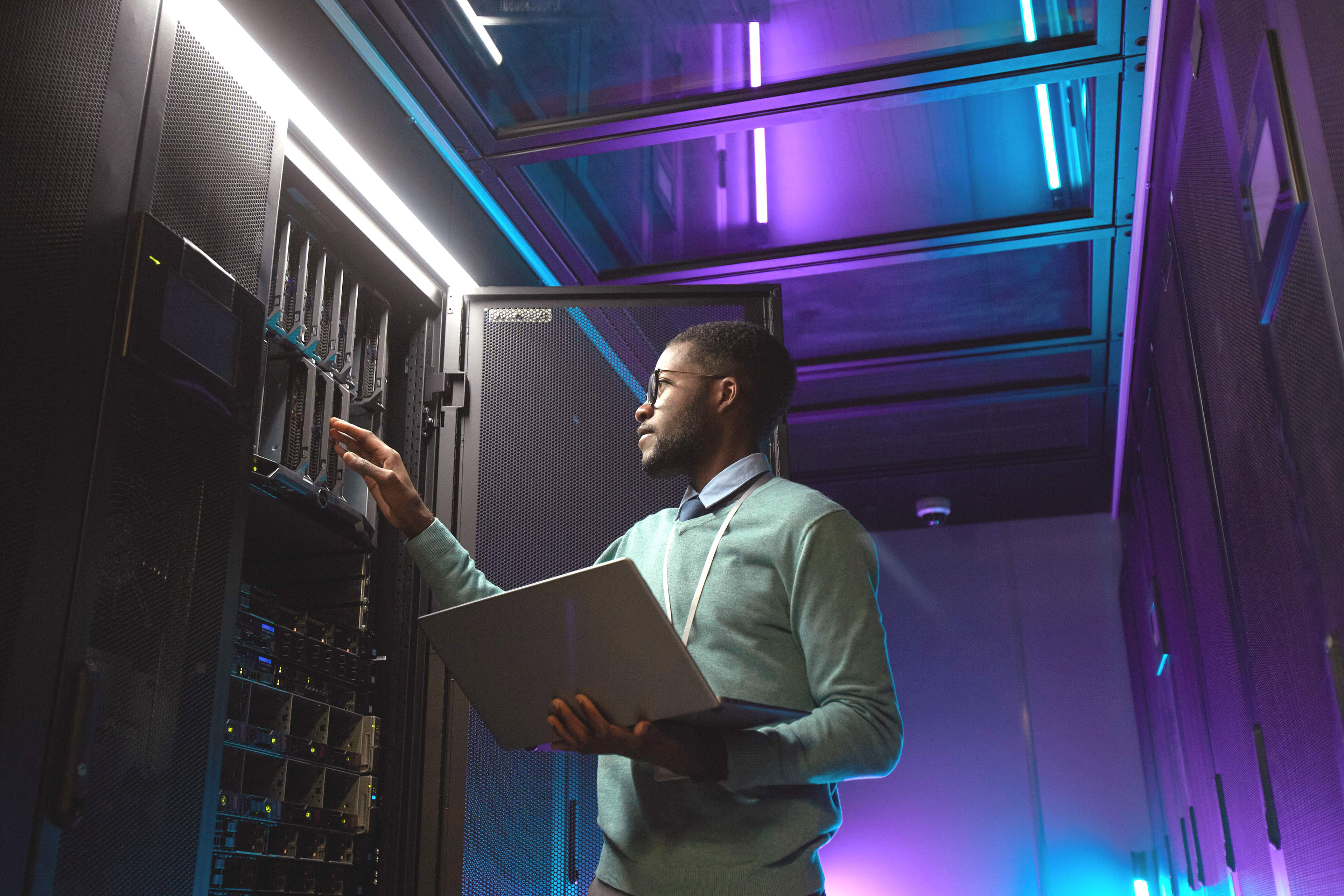 African American IT Engineer in Data Center