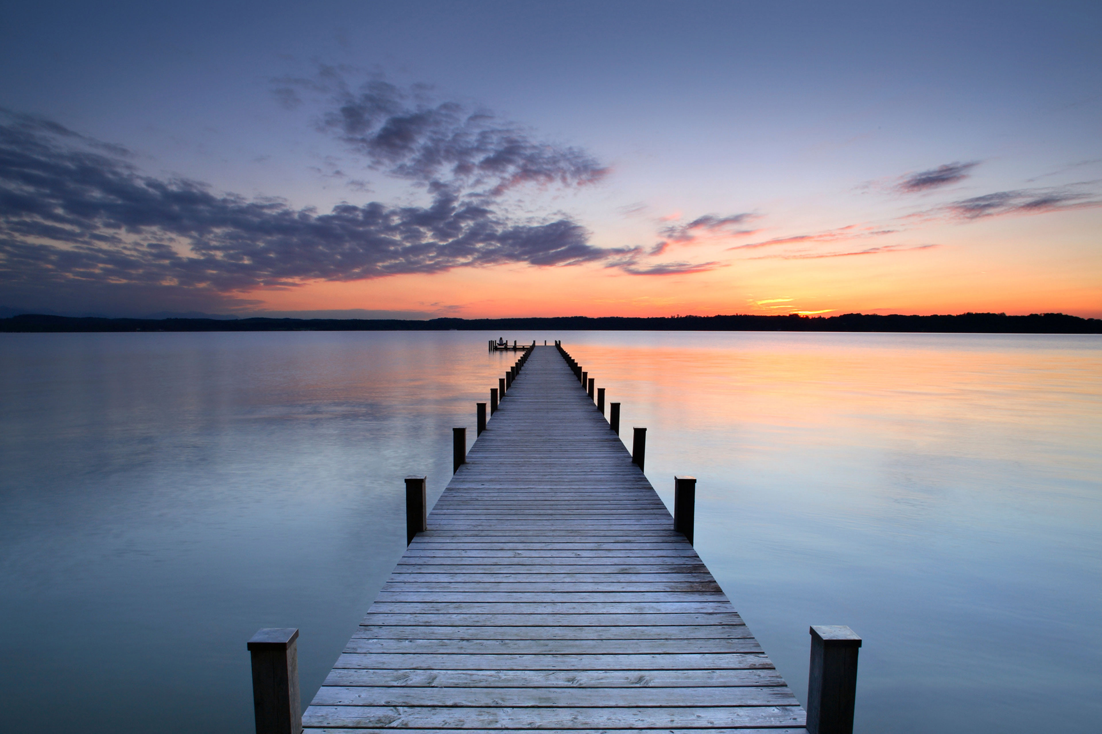 Lake at Sunset, Long Wooden Pier