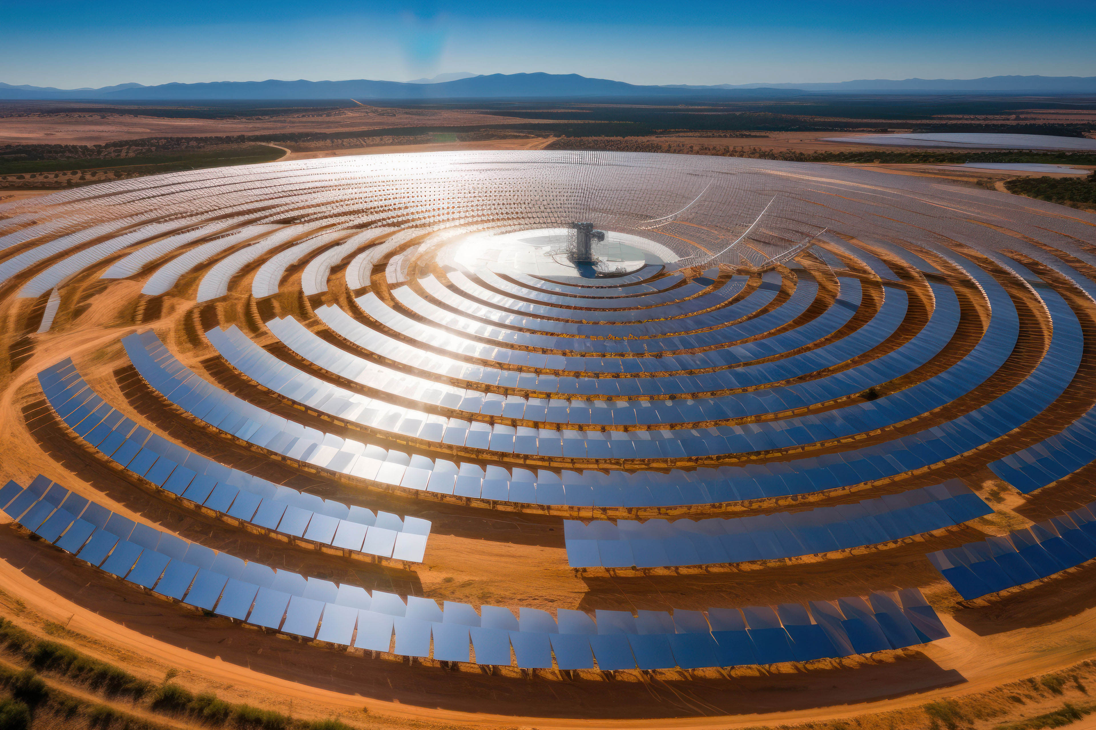 Modern solar power station with tower aerial view