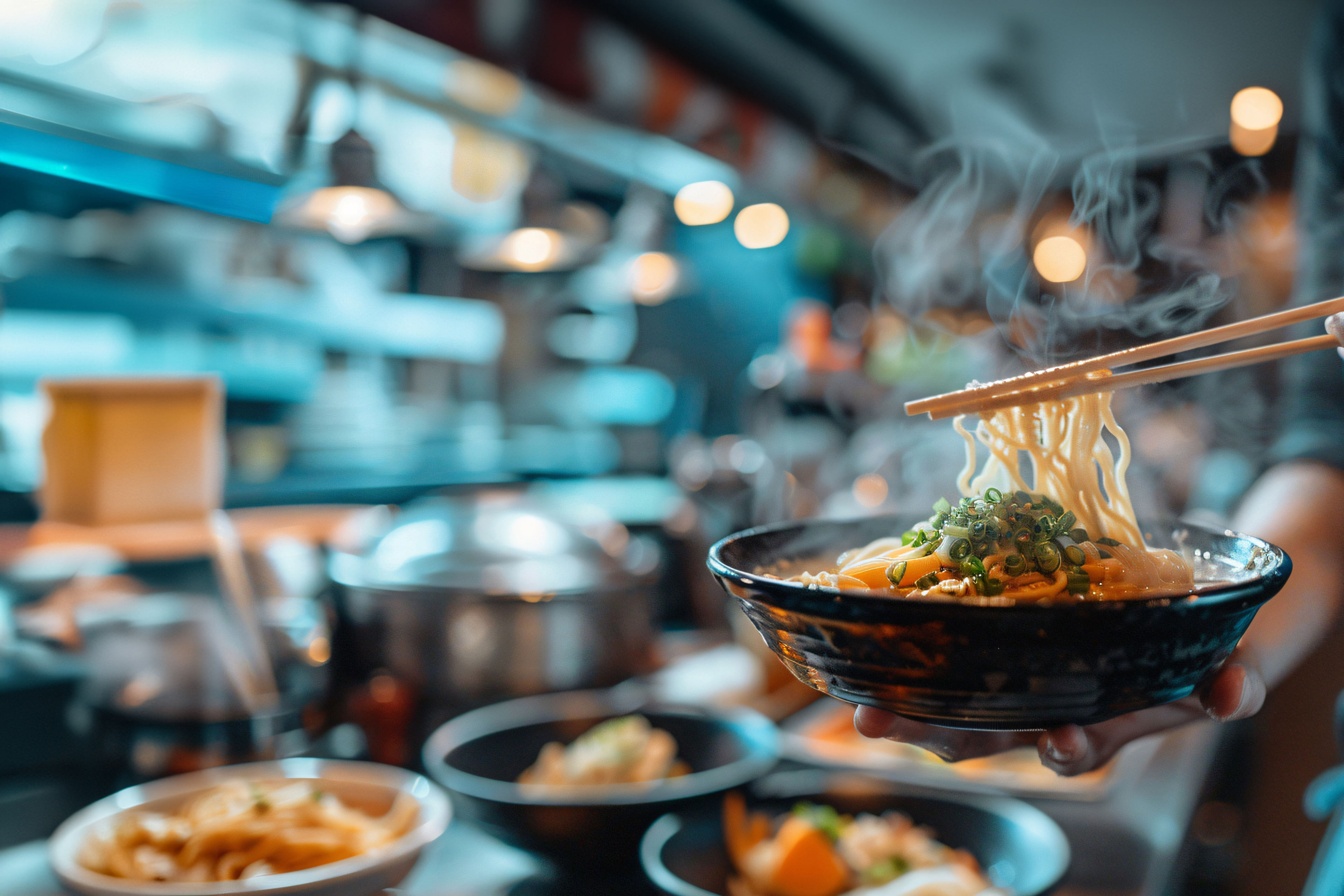 A person holding a steaming bowl of ramen in a cozy restaurant