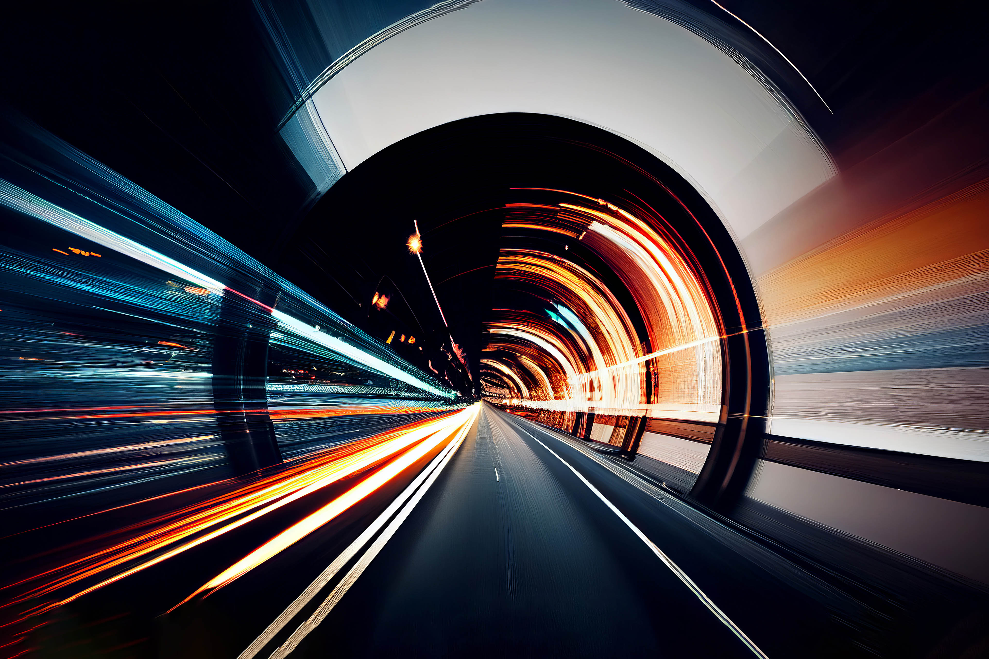 Abstract long exposure dynamic speed light trails in a tunnel