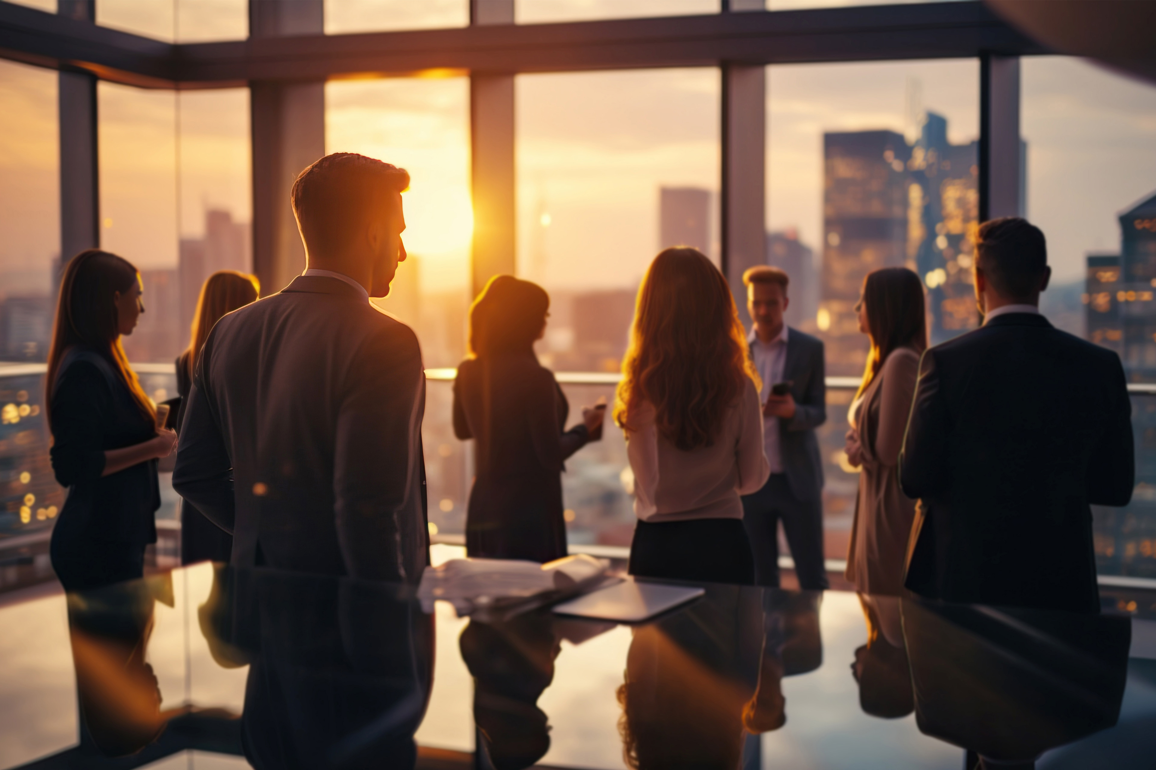 Backside view of business team overlooking a business district