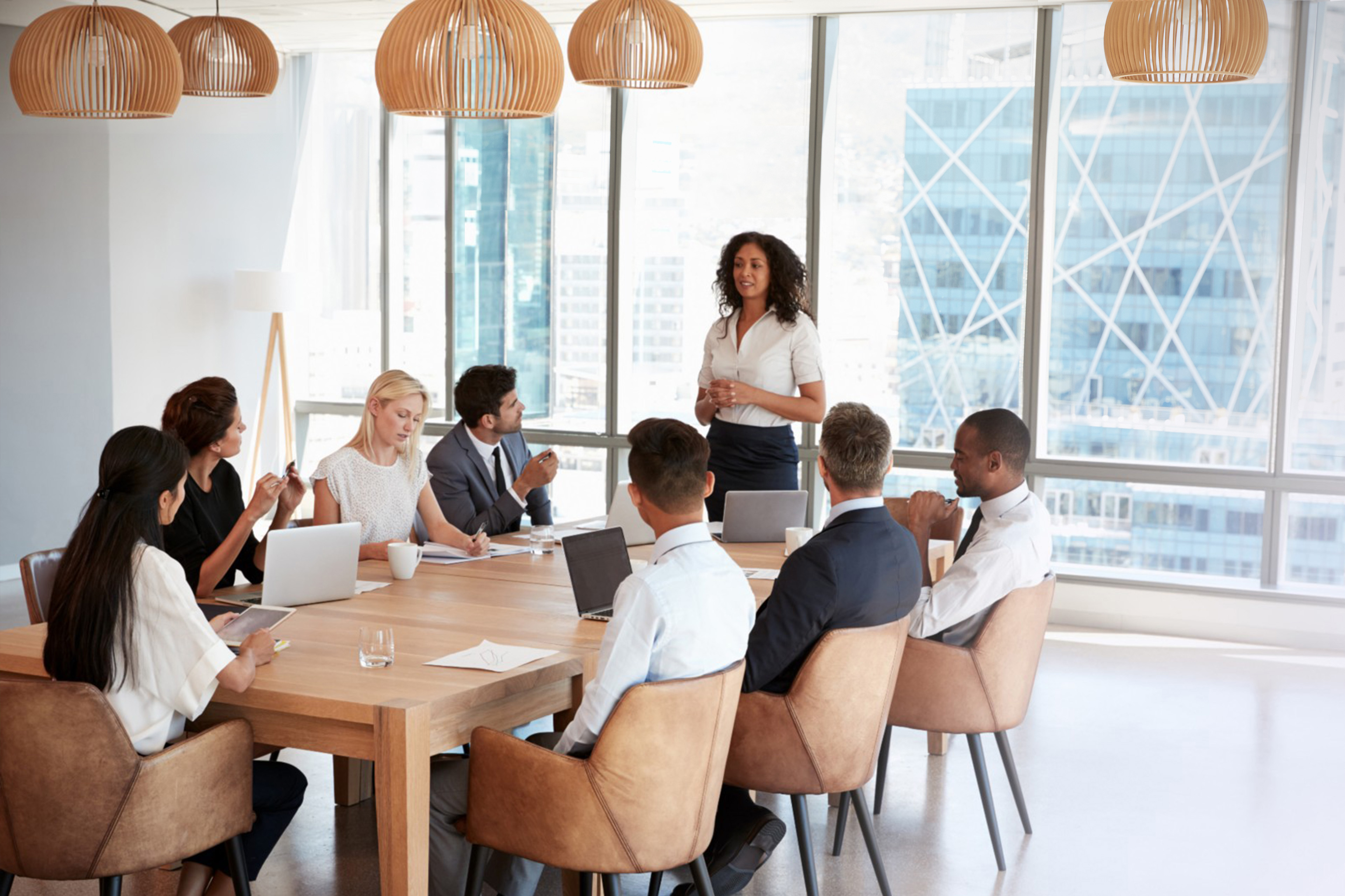 Businesswoman stands to address meeting around board table