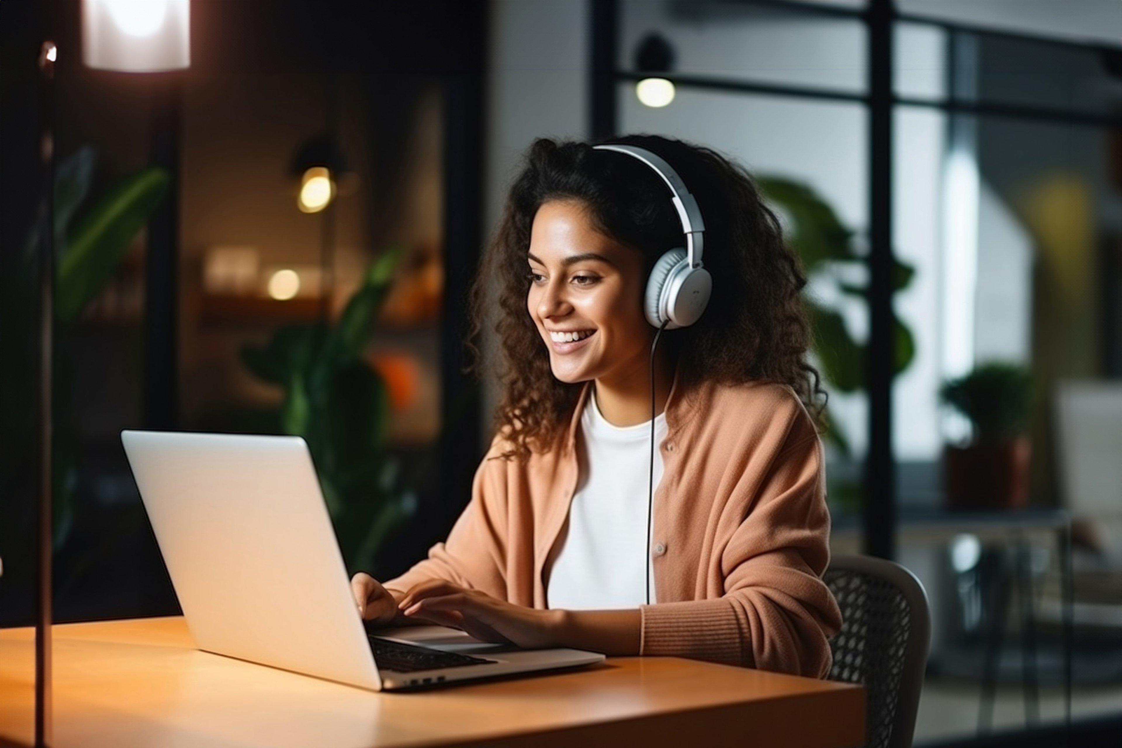 Female latin employee using laptop remote working at home