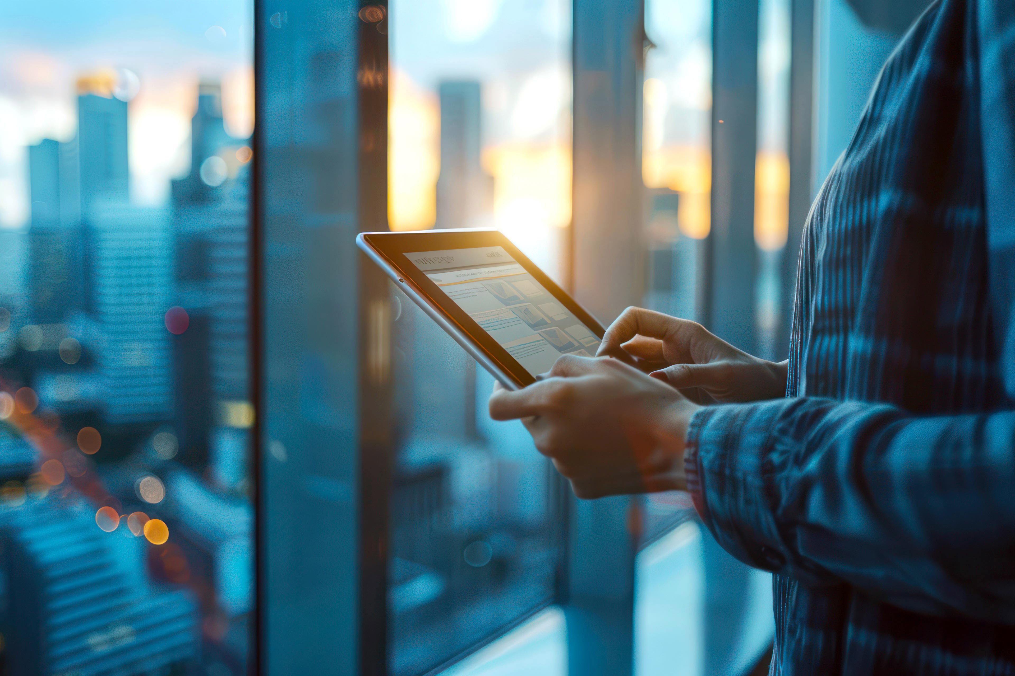 A business professional using a sleek tablet in a modern office