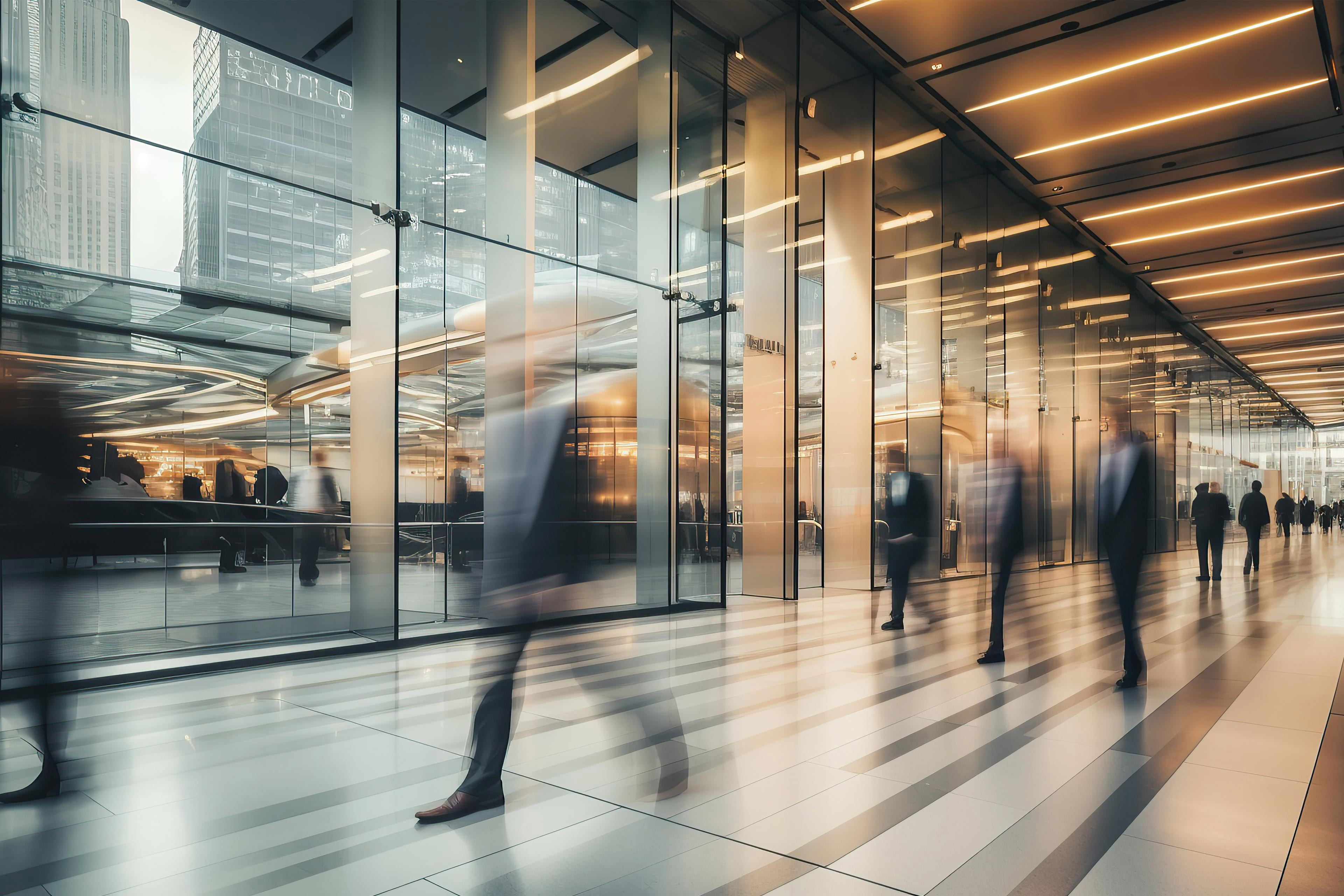 Businesspeople walking in bright office lobby