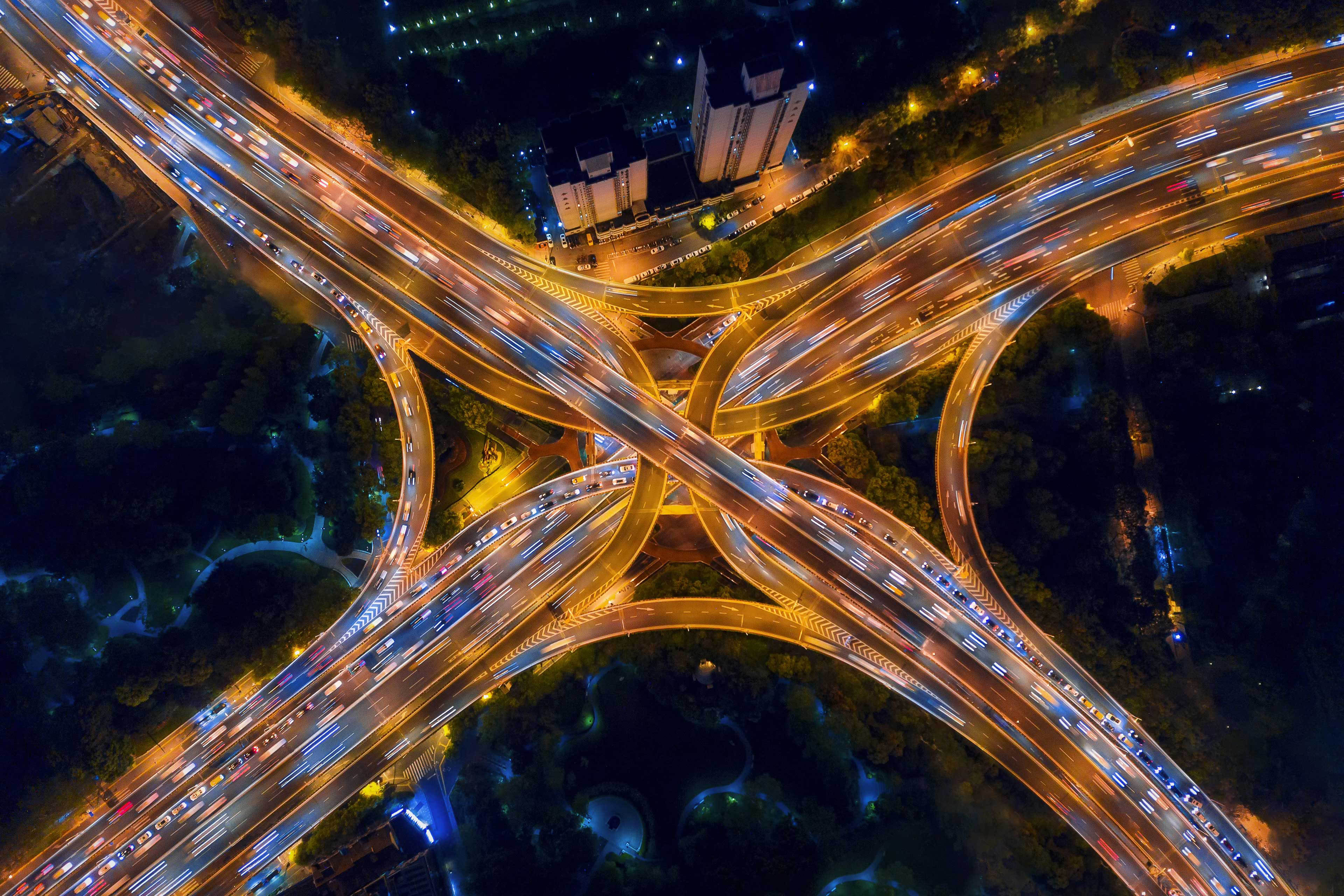 Aerial view of highway junctions at night