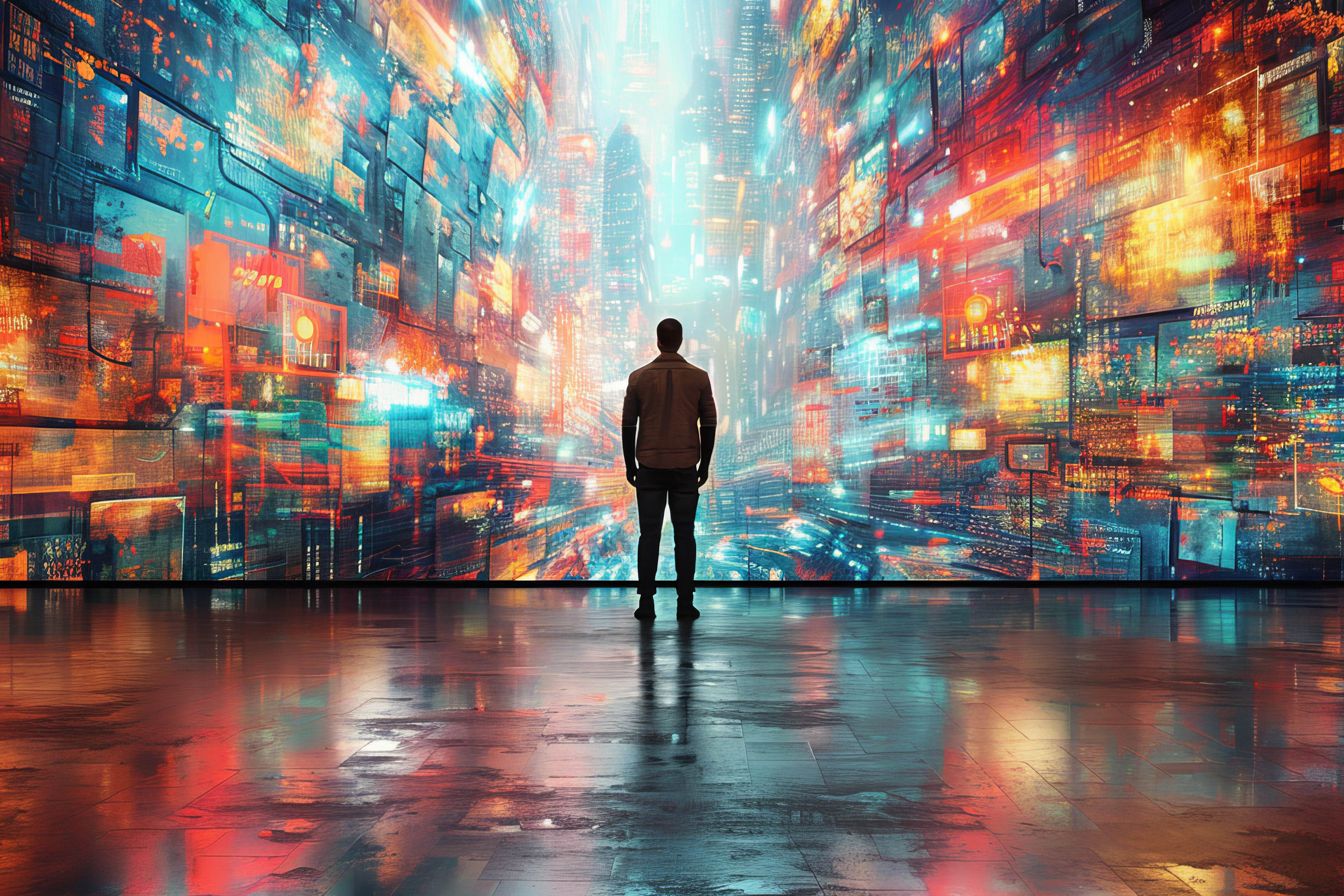 Man Standing in Front of Colorful Cityscape