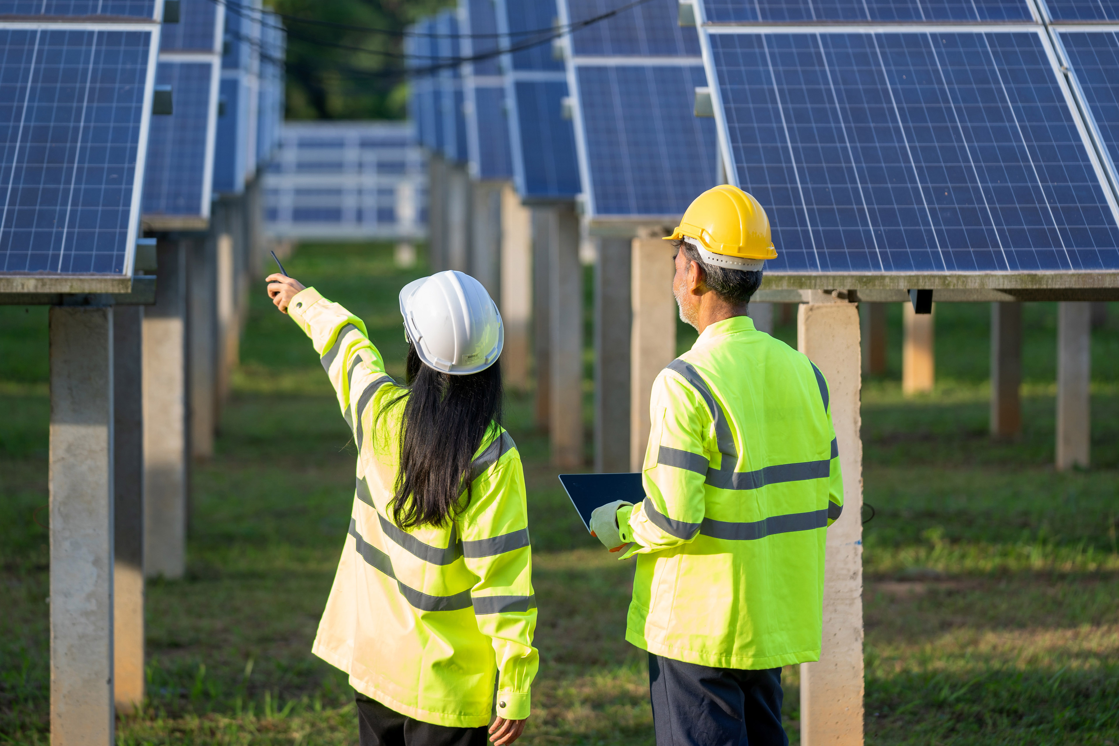 Technicians and engineer discussing something about solar panels