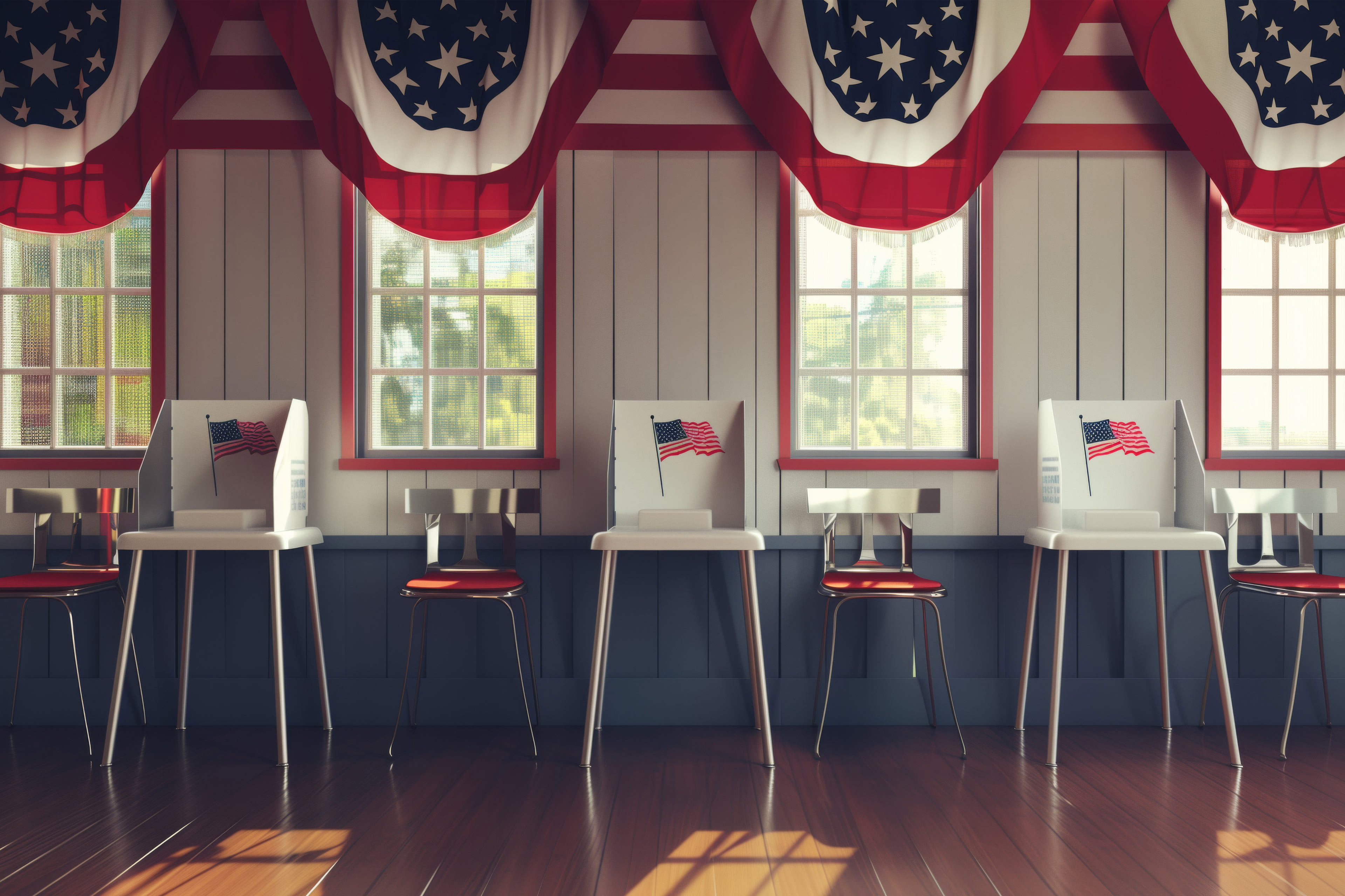 Empty polling station with row of white voting booths decorated with American flag at vote center