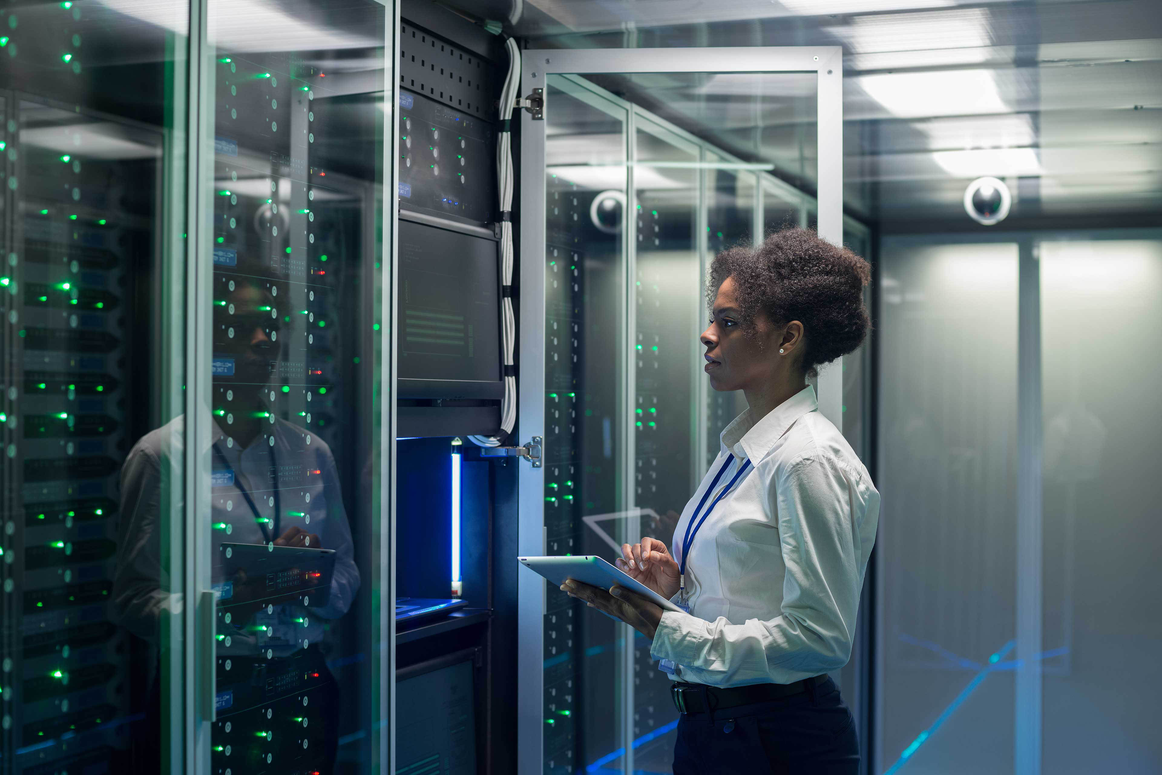 Female technician in a data center