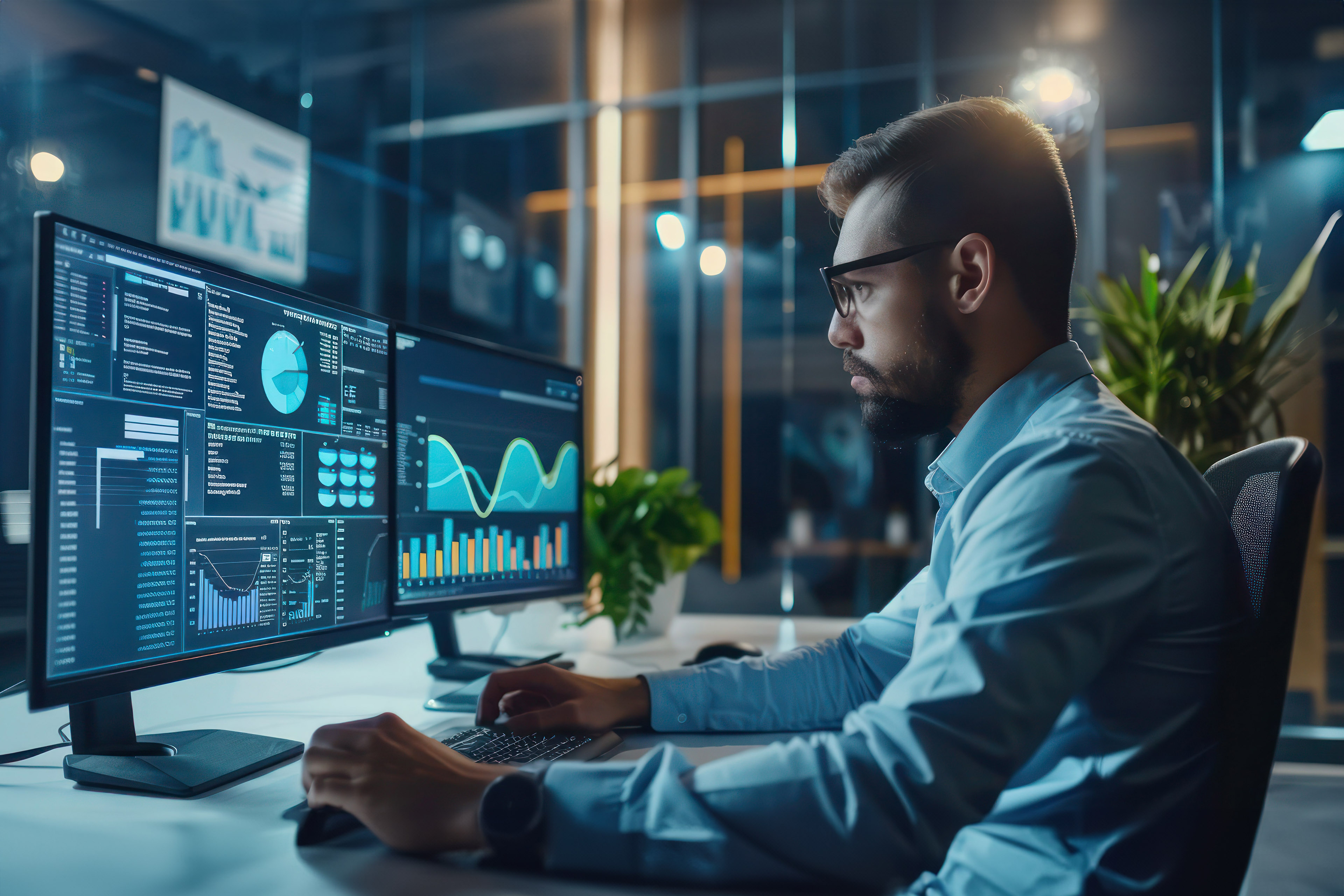 Businessman working on a desktop computer with data analytics tools