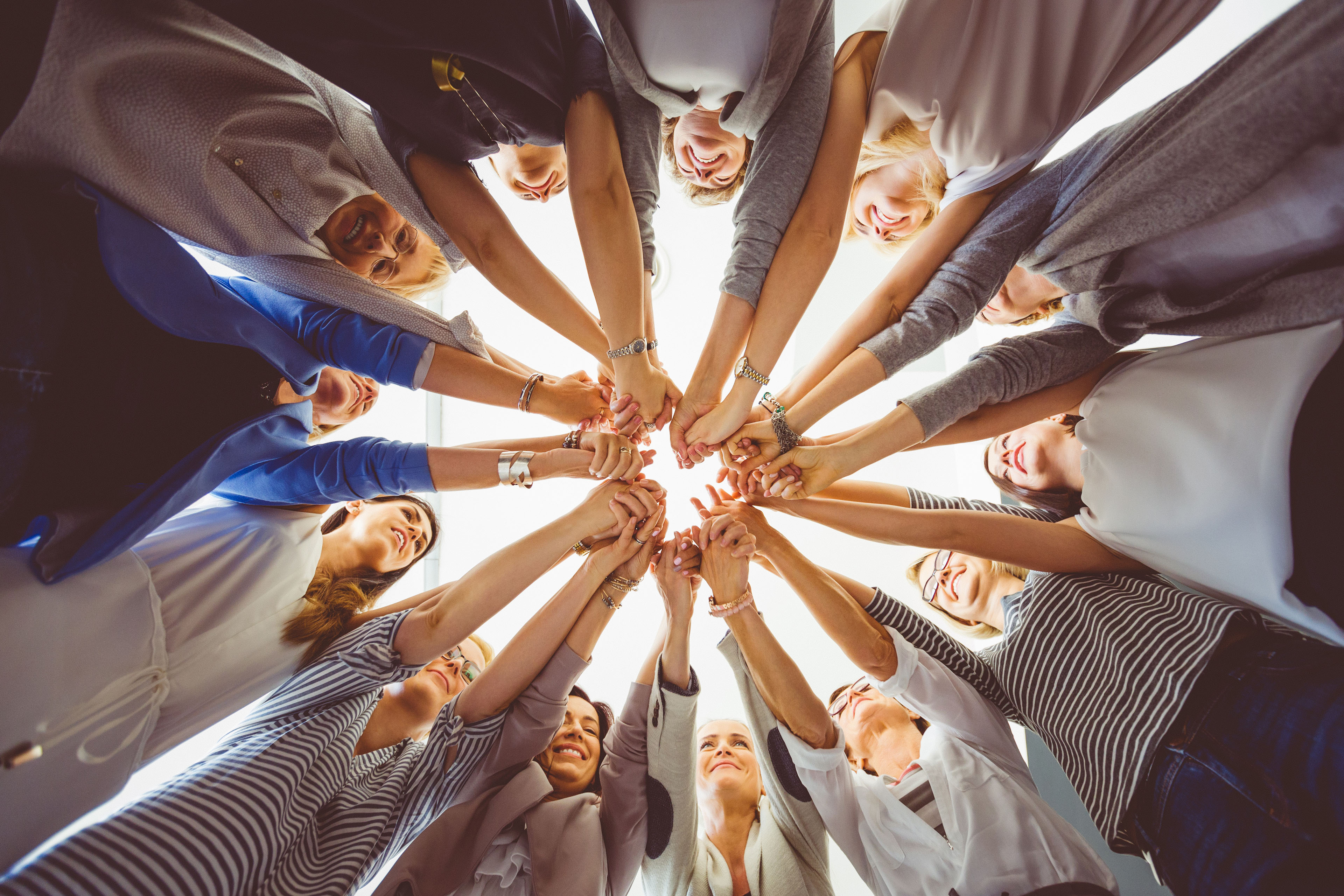 Women’s team. Large group of woman holding hands