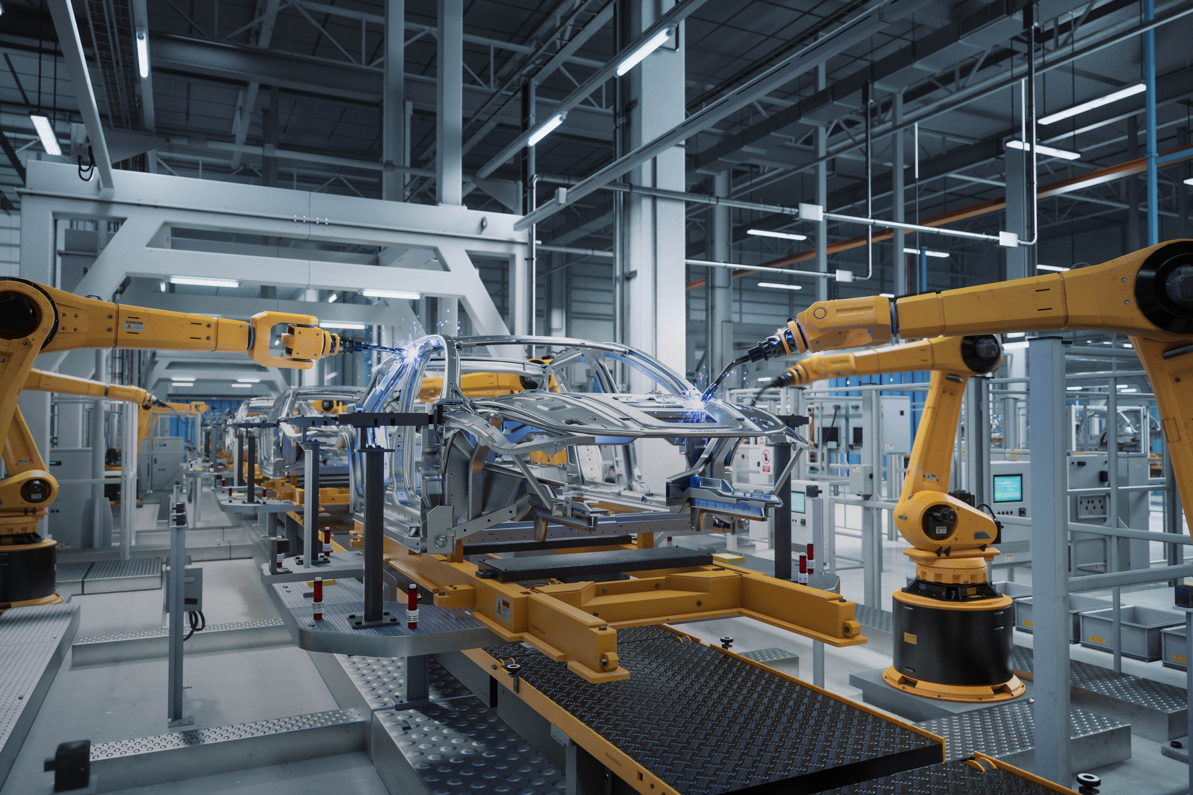 Automated Robot Arm Assembly Line Manufacturing High-Tech Green Energy Electric Vehicles