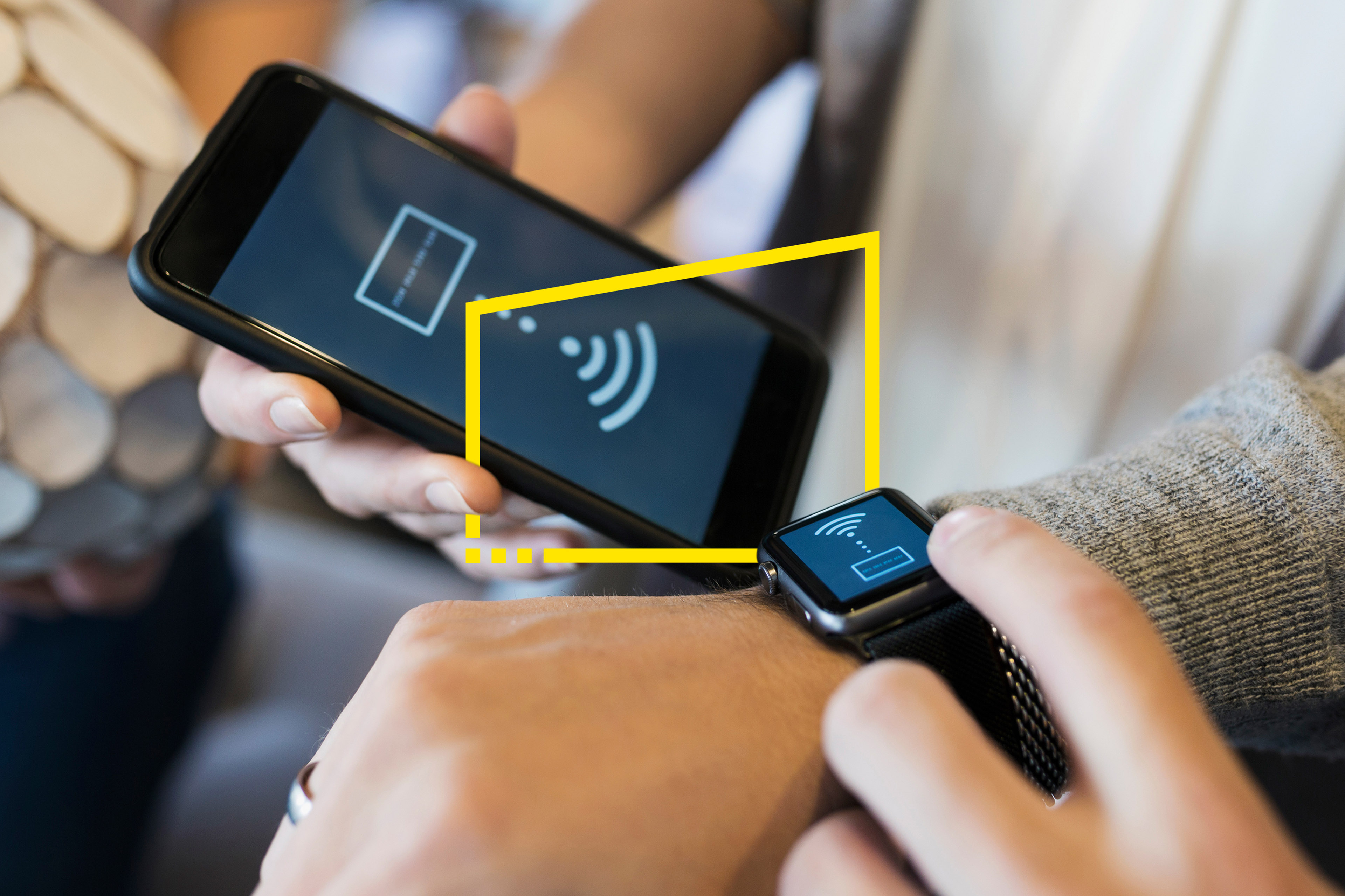 Close up of man paying smart watch contactless static