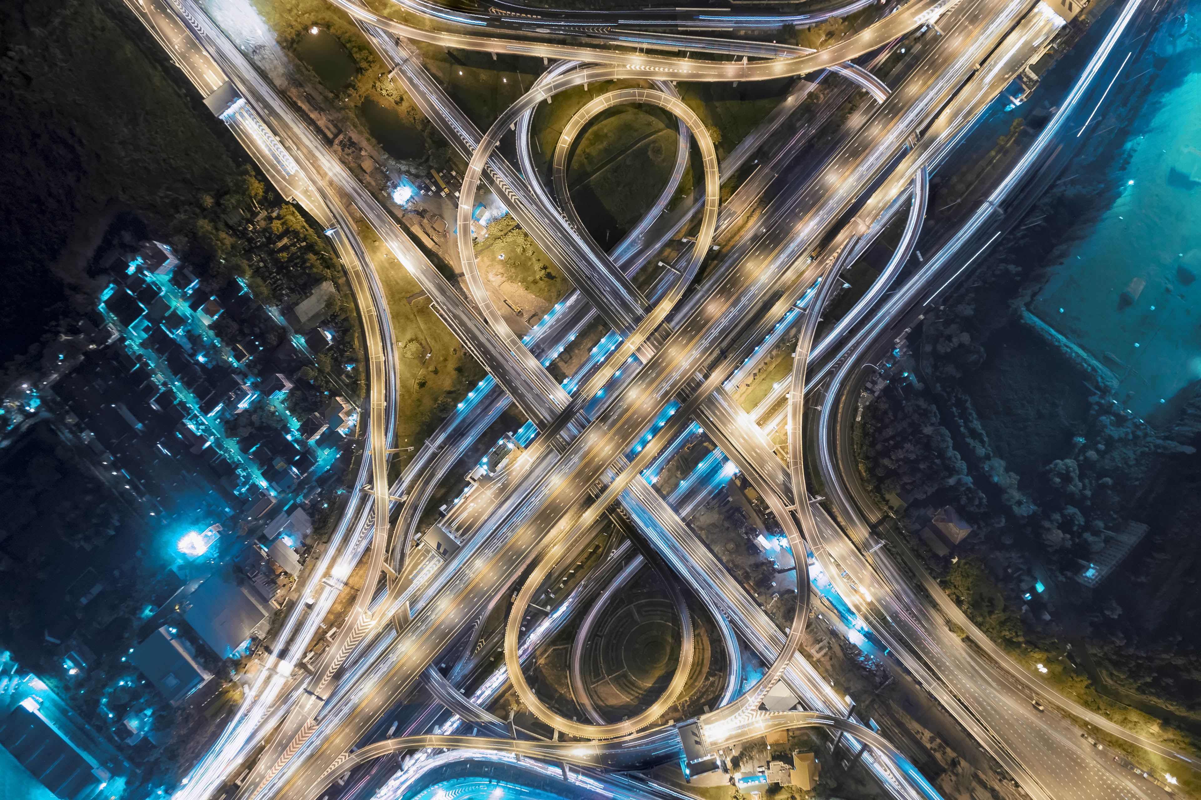 Aerial view busy intersection night