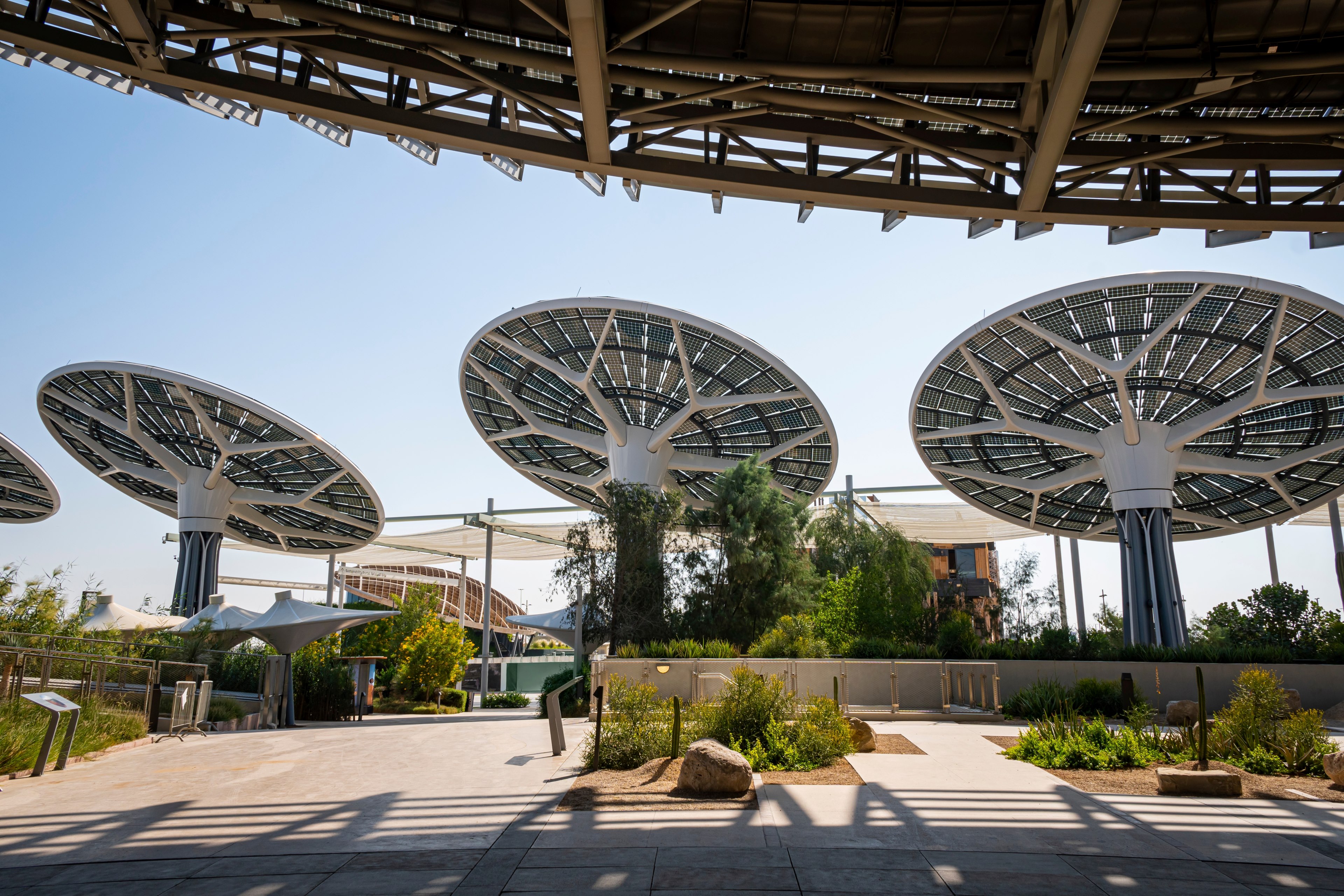 Large solar panels on the background of the sky in sunlight