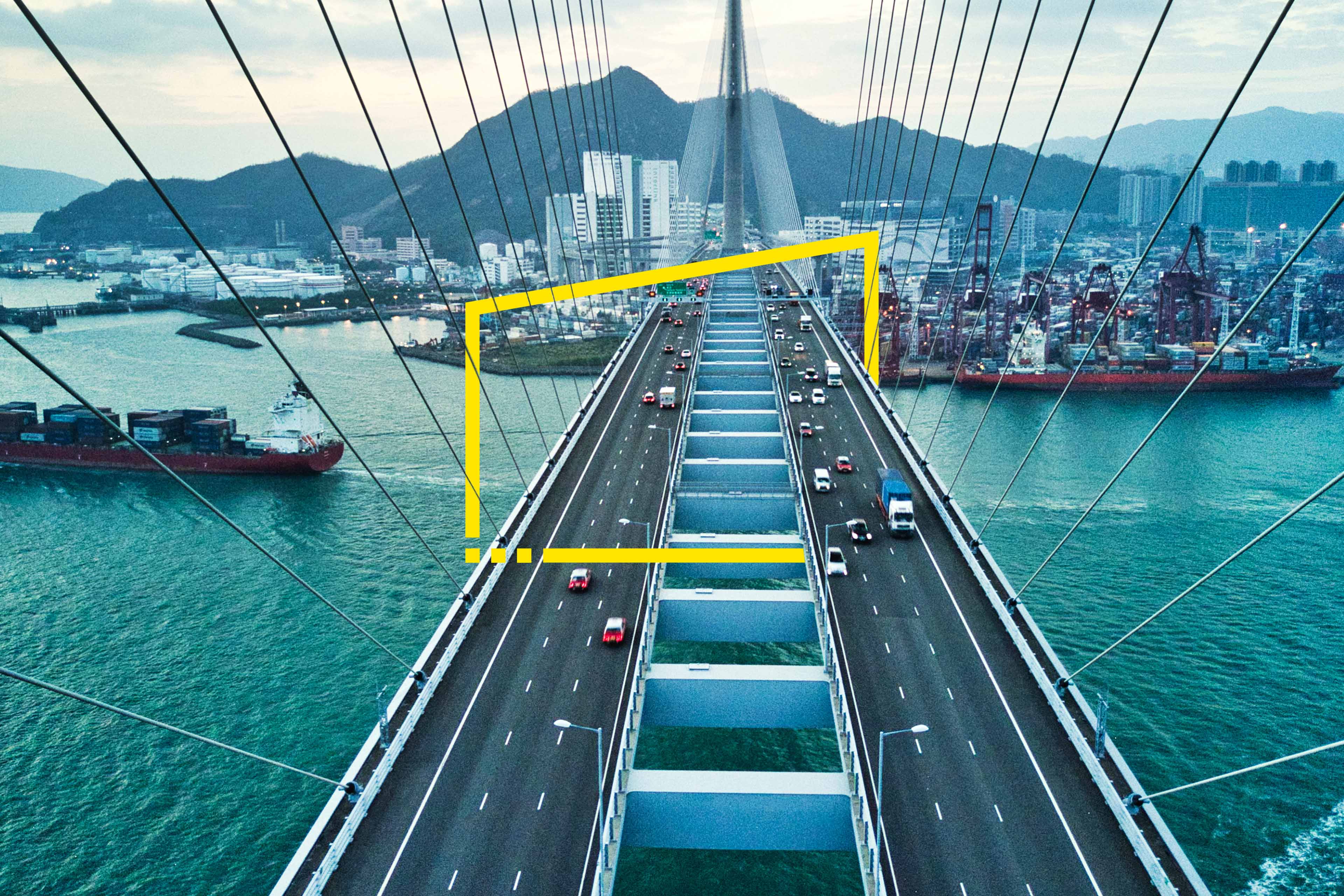 Bridge in Hong Kong and Container Cargo freight ship